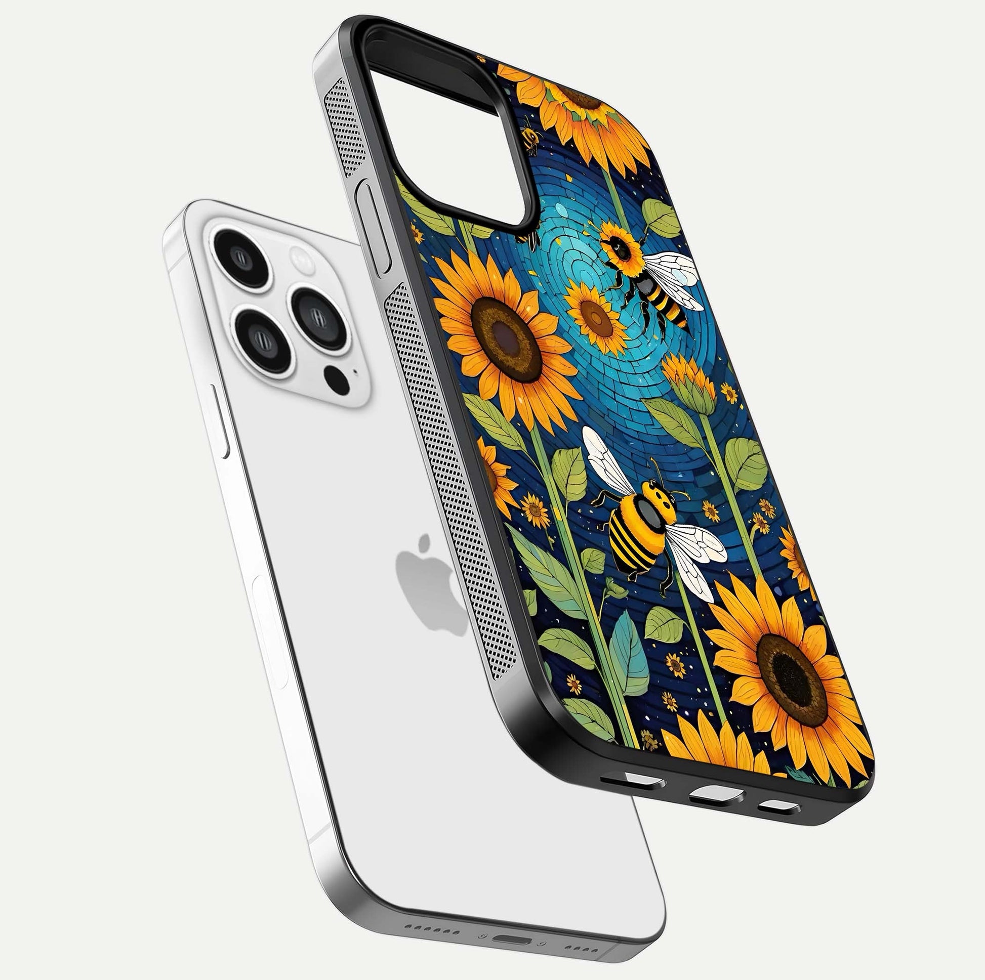 Bees & Sunflowers Glass Case for iPhone 13 Pro Max floating dual-view mockup displaying vibrant yellow tones and gloss texture