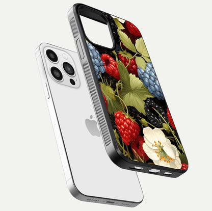Berry Bloom Charm Glass Case for iPhone 13 Pro Max floating mockup capturing glossy reflection and curved-edge finish
