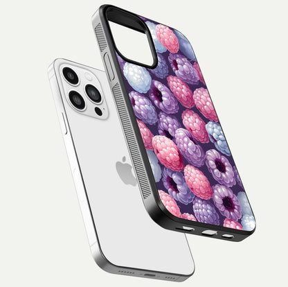 Berry Candy Pop Glass Case for iPhone 13 Pro Max floating dual-view mockup highlighting gloss shine and curved edges