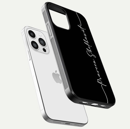 Black Tune Custom Name Glass Case for iPhone 13 Pro Max floating dual-view mockup emphasizing modern glossy texture