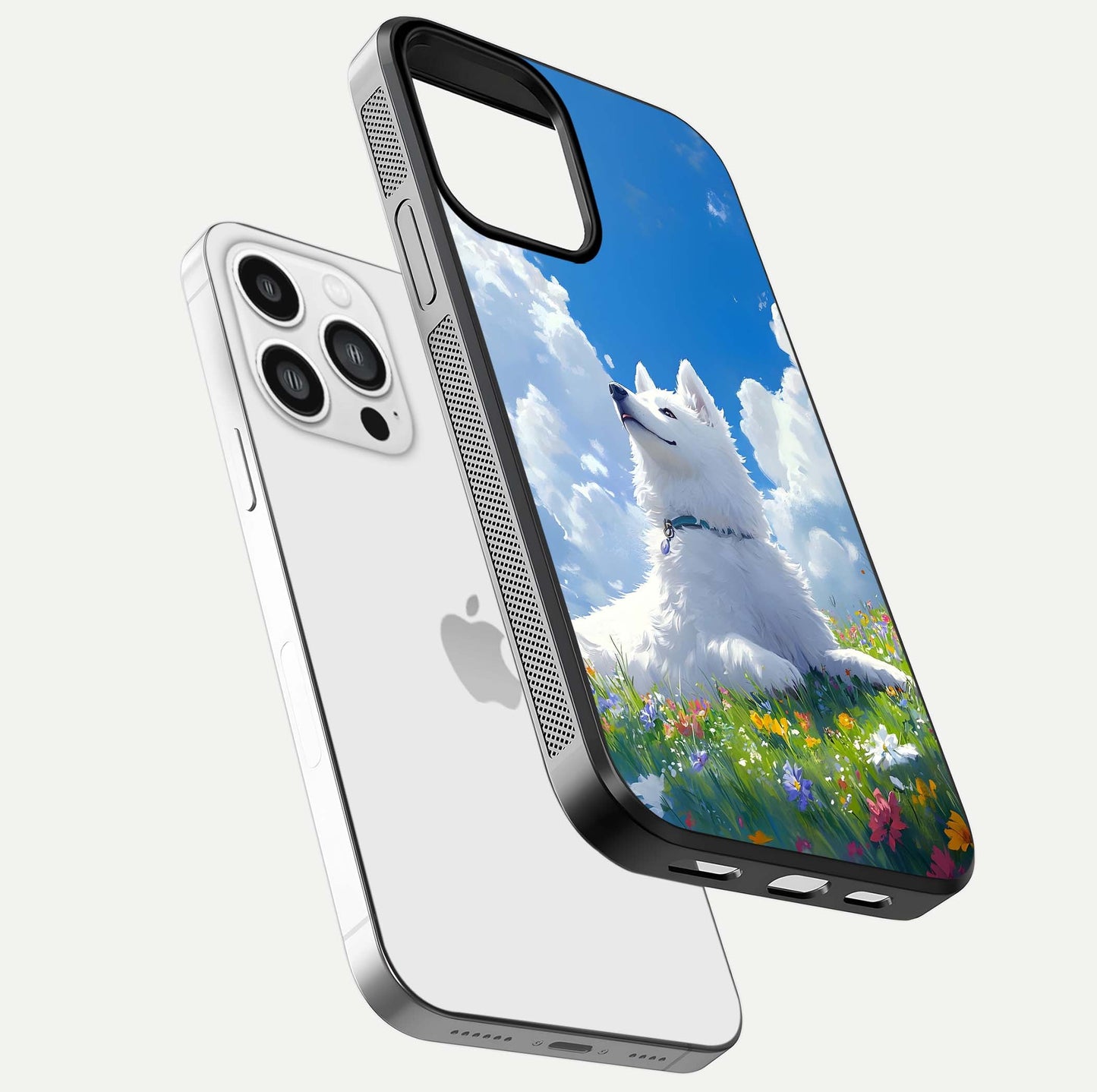 Blissful Cloud Pup Glass Case for iPhone 13 Pro Max floating mockup capturing playful aesthetic and gloss finish
