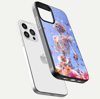 Bloom Beyond Bones Glass Case for iPhone 13 Pro Max floating mockup displaying shine, texture, and gloss detail