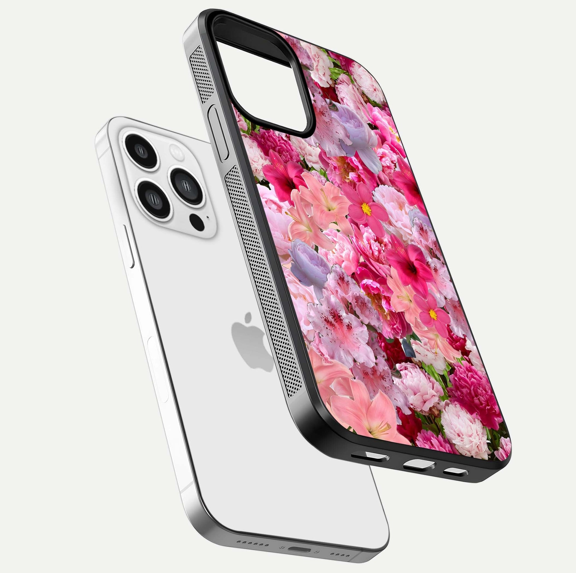 Bloom Crush Fantasy Glass Case for iPhone 13 Pro Max floating mockup showing floral pattern clarity and HD glass