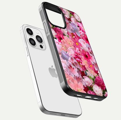 Bloom Crush Fantasy Glass Case for iPhone 13 Pro Max floating mockup showing floral pattern clarity and HD glass
