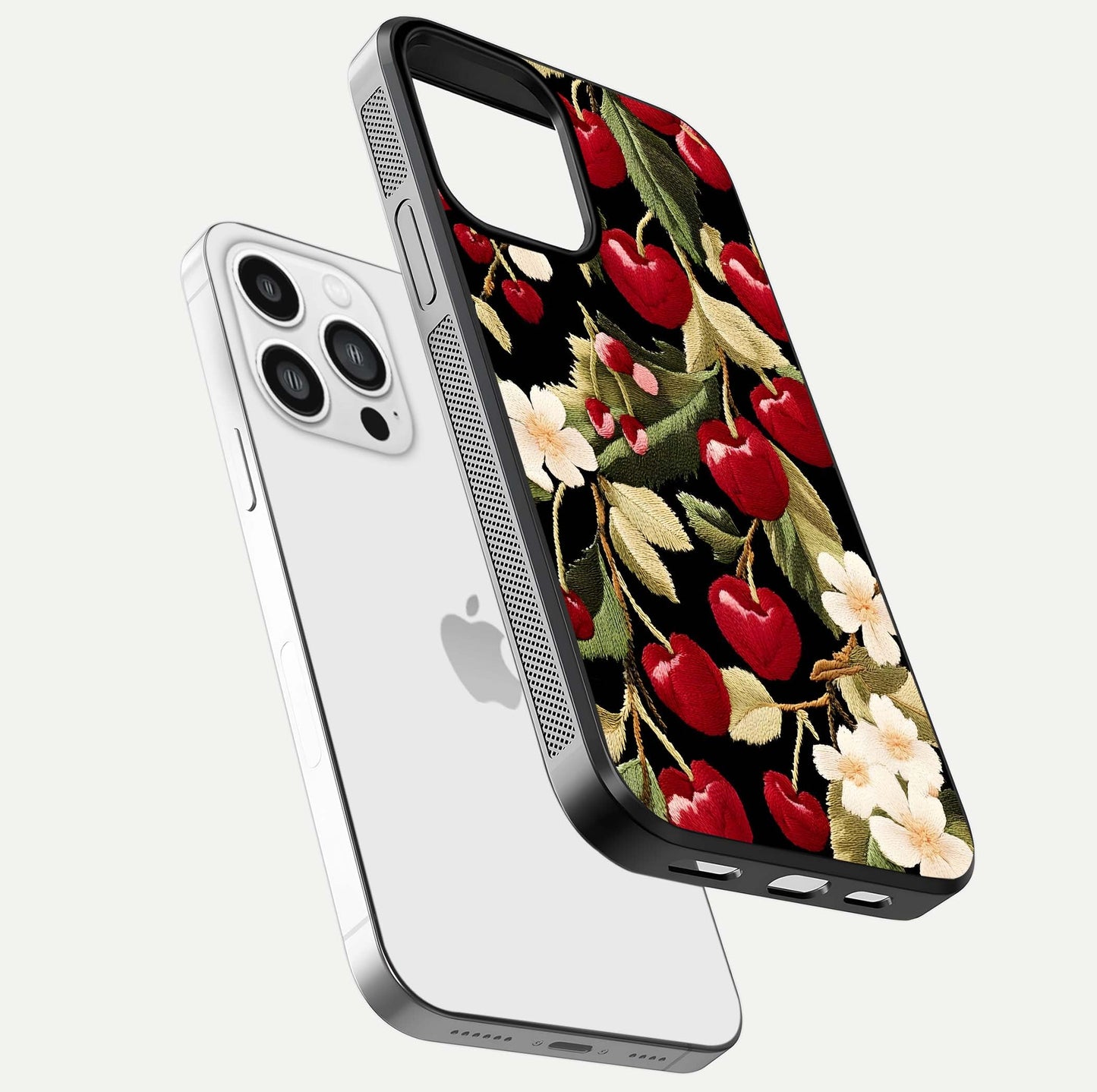 Bloom Thread Art Glass Case for iPhone 13 Pro Max floating mockup showing premium reflection and stitched art vibe