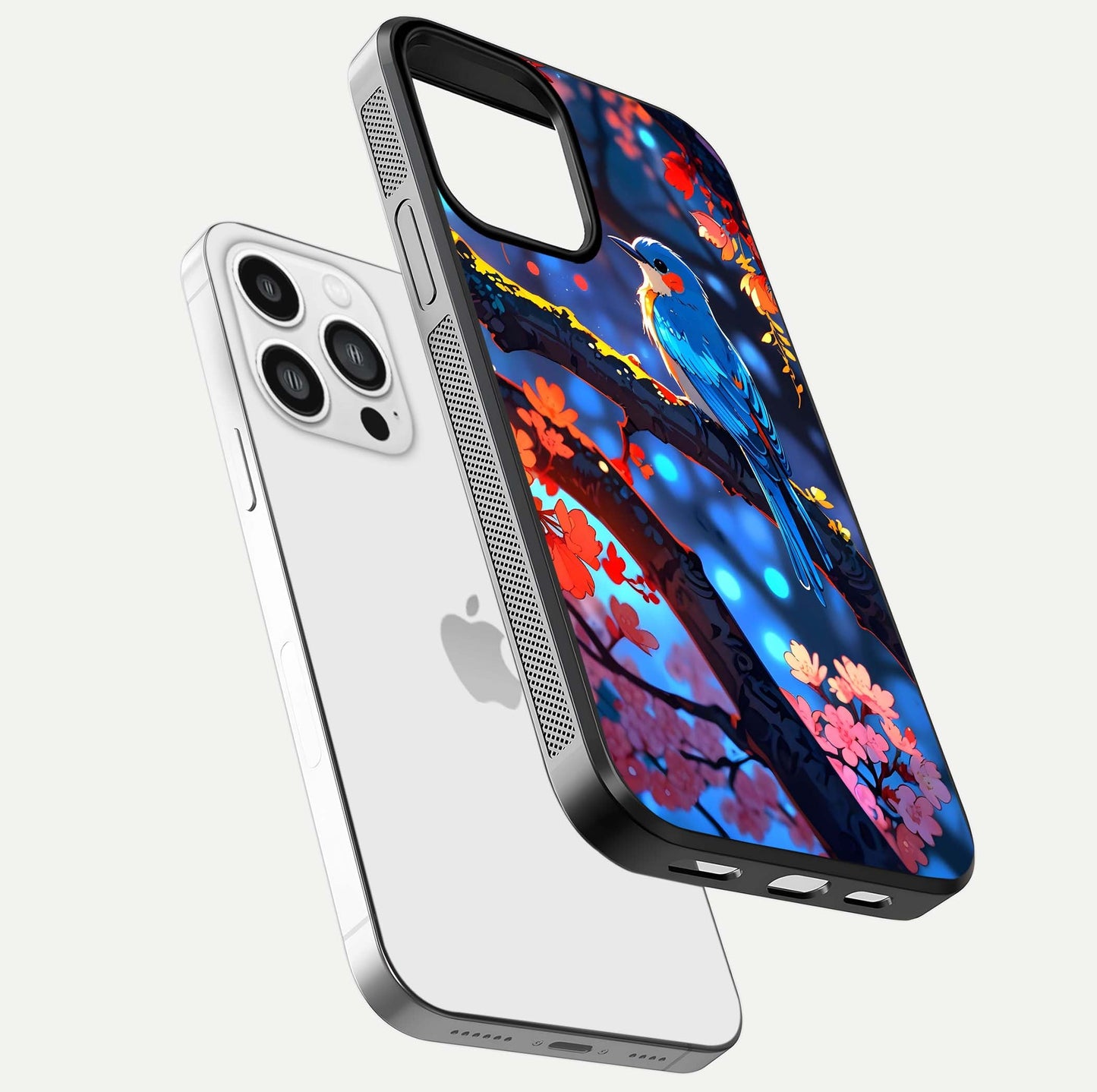 Blooming Spendor Bird Glass Case for iPhone 13 Pro Max floating dual-mockup capturing gloss tone and curved texture