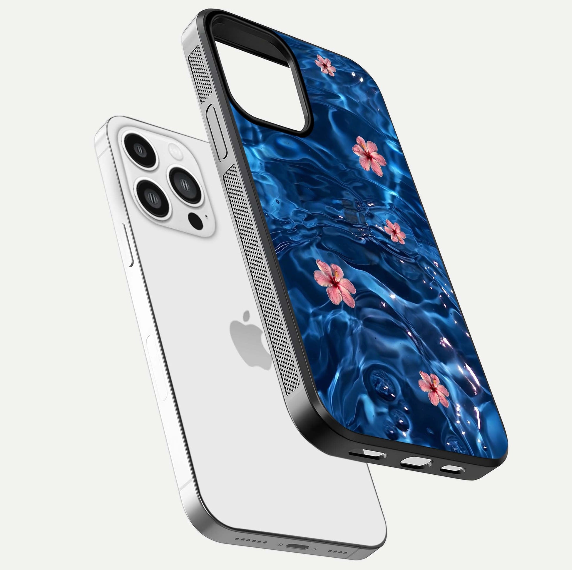 Blooming Water Drift Glass Case for iPhone 13 Pro Max floating dual-view mockup showing floral drift pattern and reflective surface