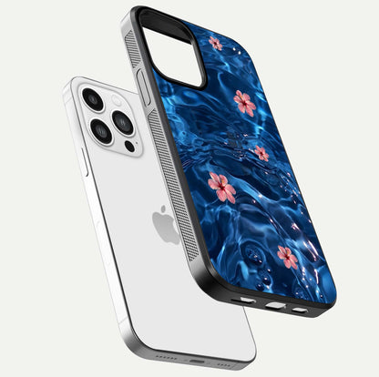 Blooming Water Drift Glass Case for iPhone 13 Pro Max floating dual-view mockup showing floral drift pattern and reflective surface