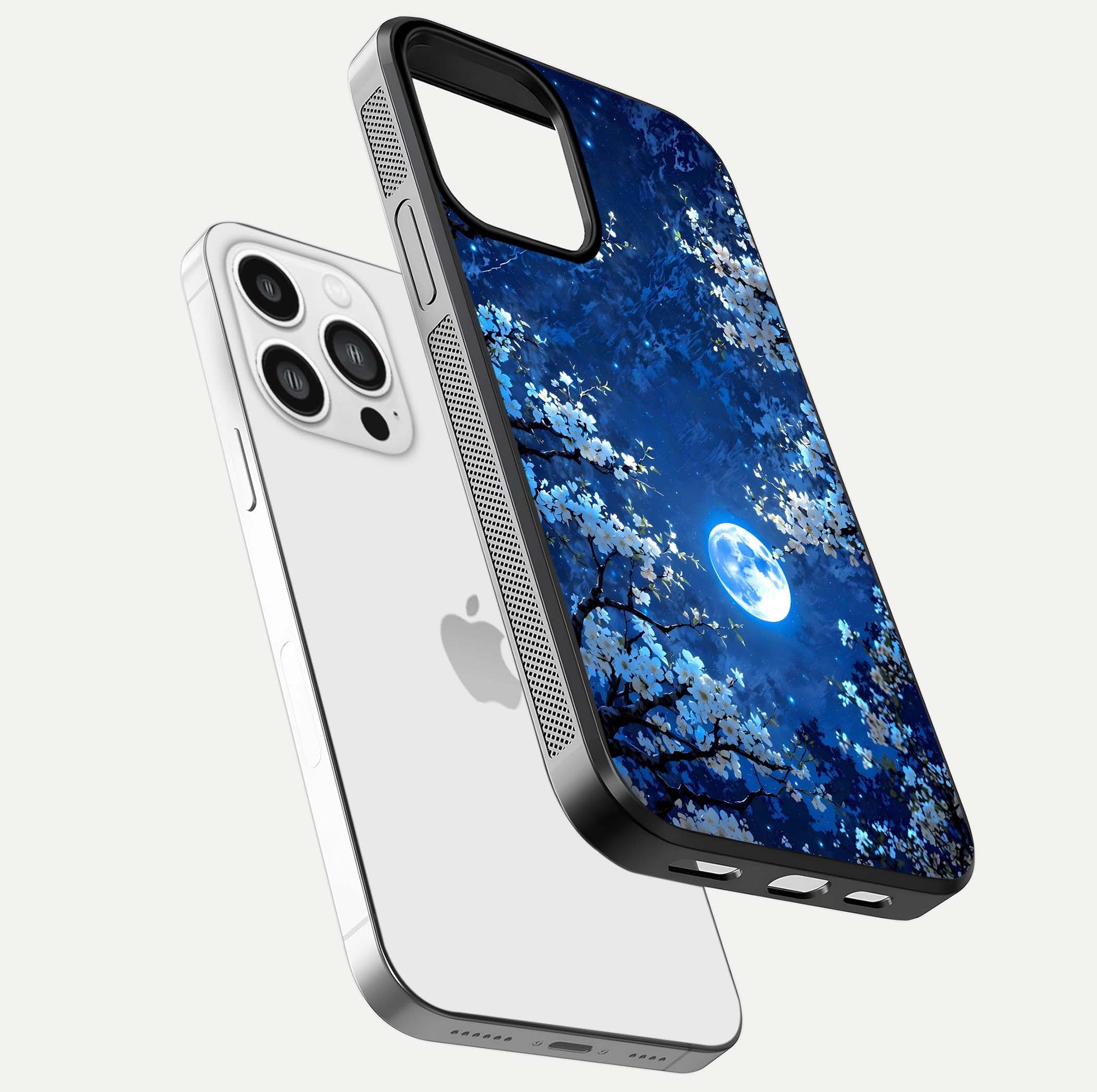 Blossom Moonlight Sky Glass Case for iPhone 13 Pro Max floating mockup showing glowing moon accent and HD gloss texture