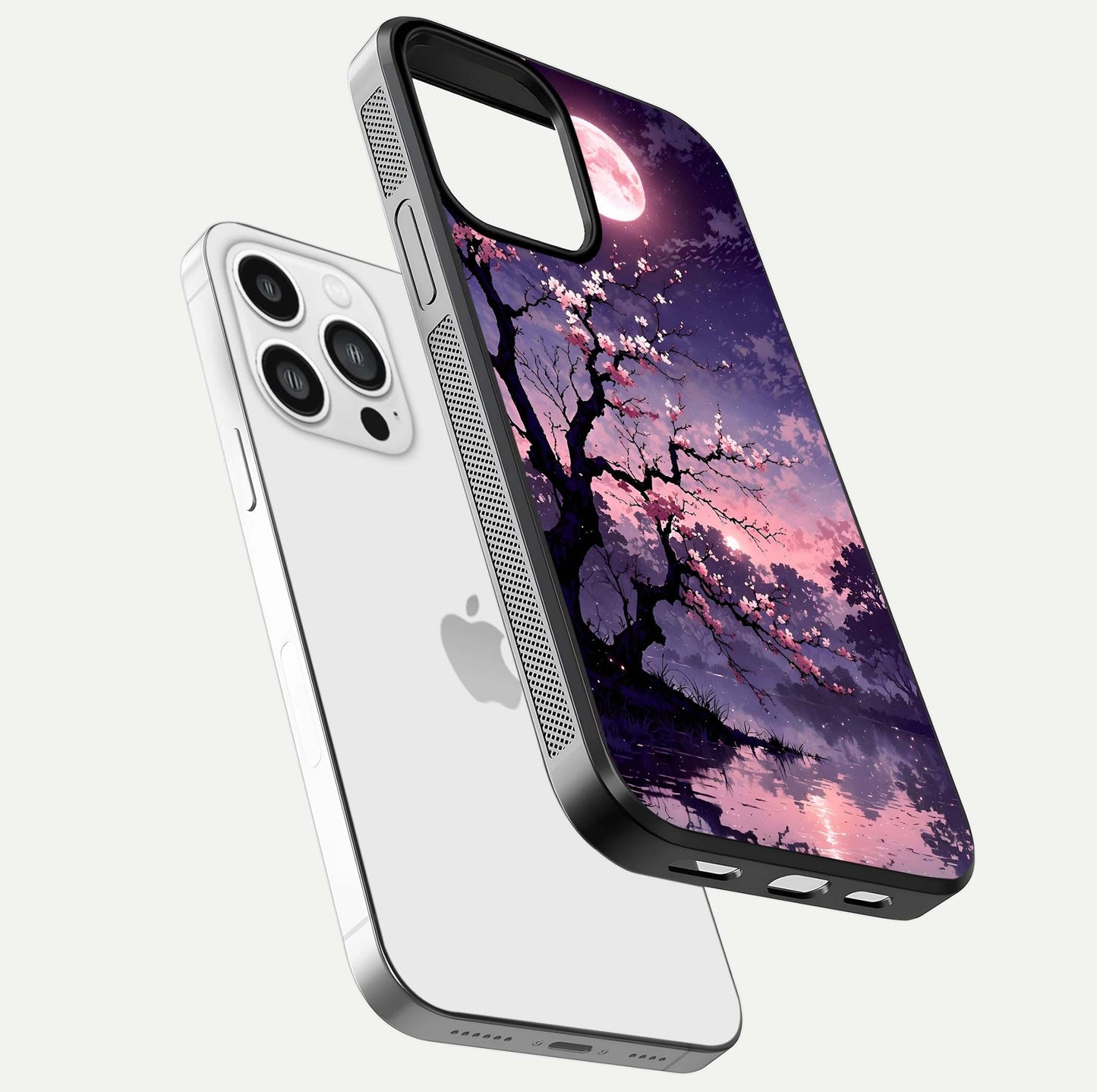 Blossom Pink Moon Glass Case for iPhone 13 Pro Max floating mockup emphasizing dreamy pink moon aura and smooth finish