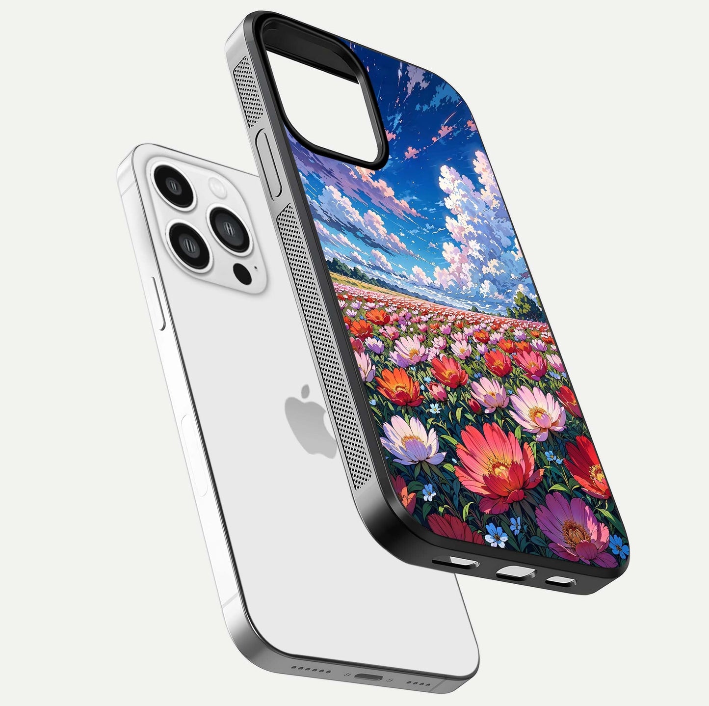 Blossom Sky Field Glass Case for iPhone 13 Pro Max floating mockup displaying sky bloom concept with smooth finish