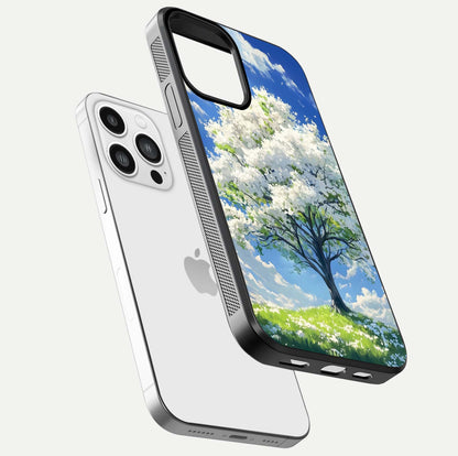 Blossom Sky Serenity Glass Case for iPhone 13 Pro Max floating mockup capturing gloss surface and tranquil design