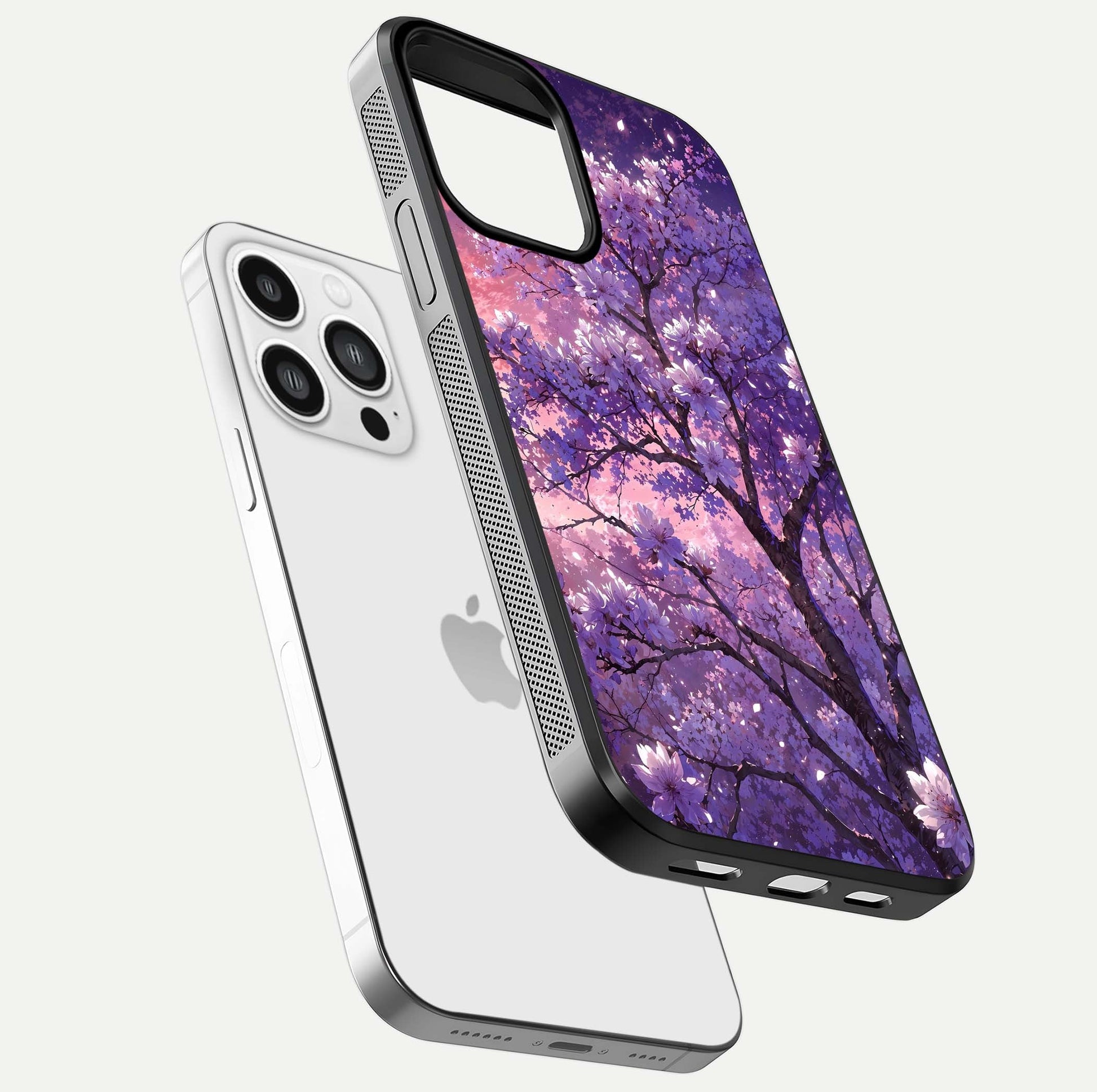 Blossom Tree Glass Case for iPhone 13 Pro Max floating dual-mockup displaying texture detail and curved edges