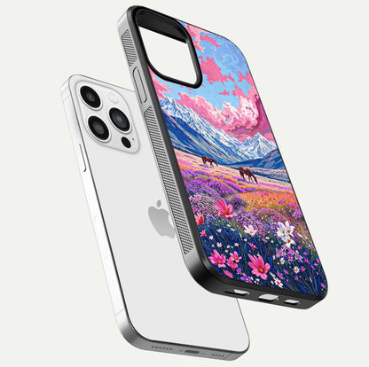 Blossom Valley Dream Glass Case for iPhone 13 Pro Max floating mockup showing floral valley blend and reflective surface