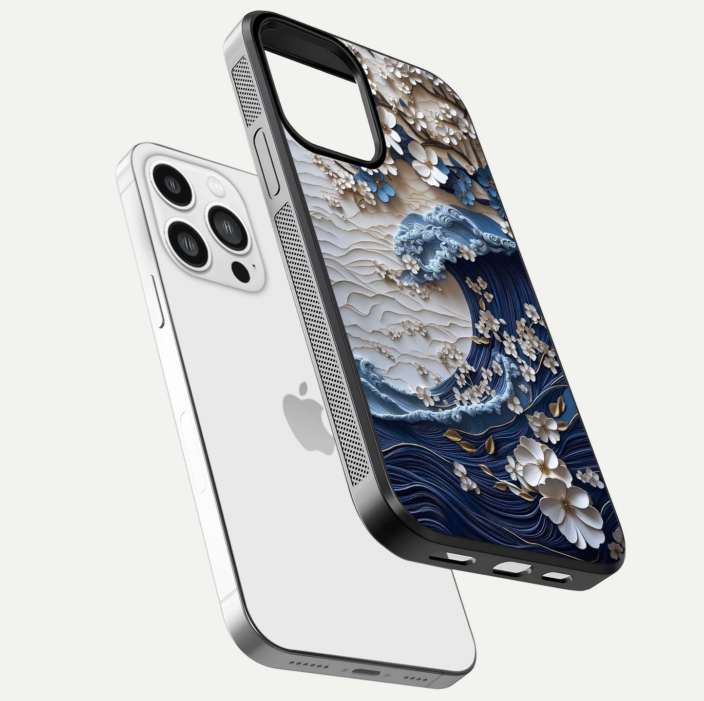 Blossom Wave Art Glass Case for iPhone 13 Pro Max floating mockup displaying pattern details and reflective shine