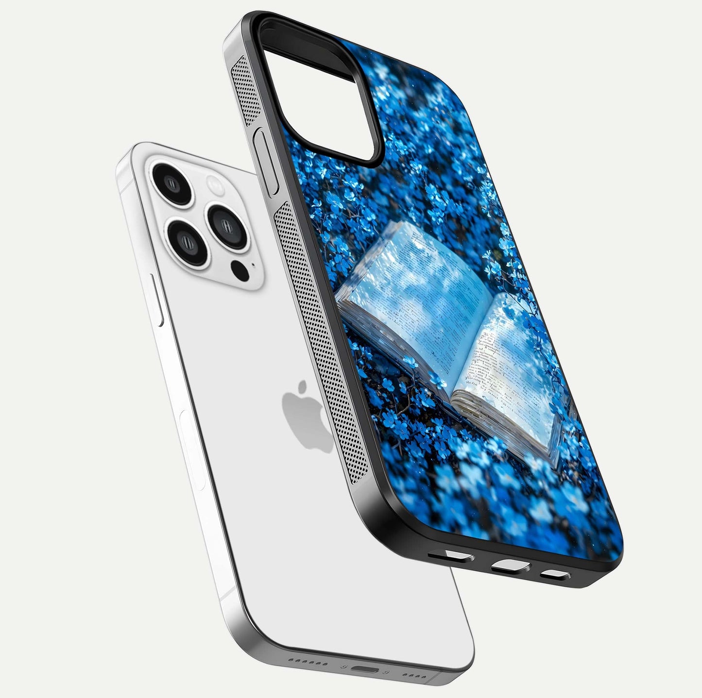 Blue Bloom Tales Glass Case for iPhone 13 Pro Max floating mockup showing detailed bloom and reflective surface