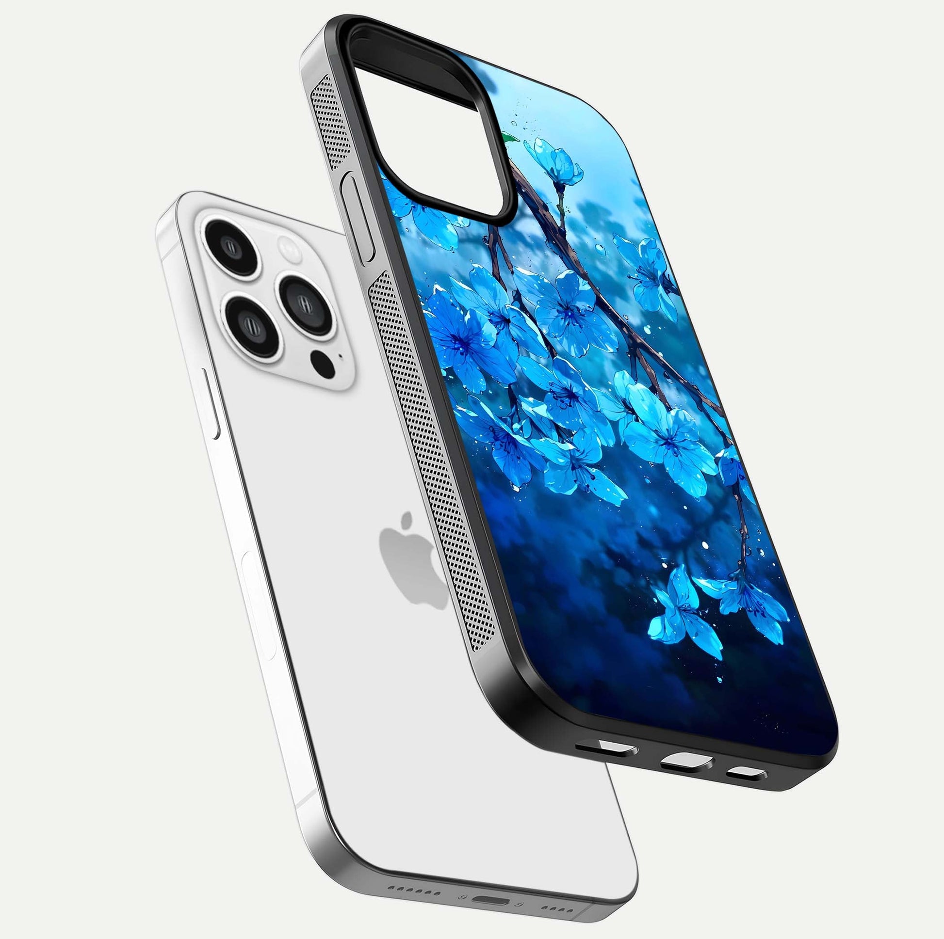 Blue Blossoms Branch Glass Case for iPhone 13 Pro Max floating mockup showing shine, curved edges, and branch detailing