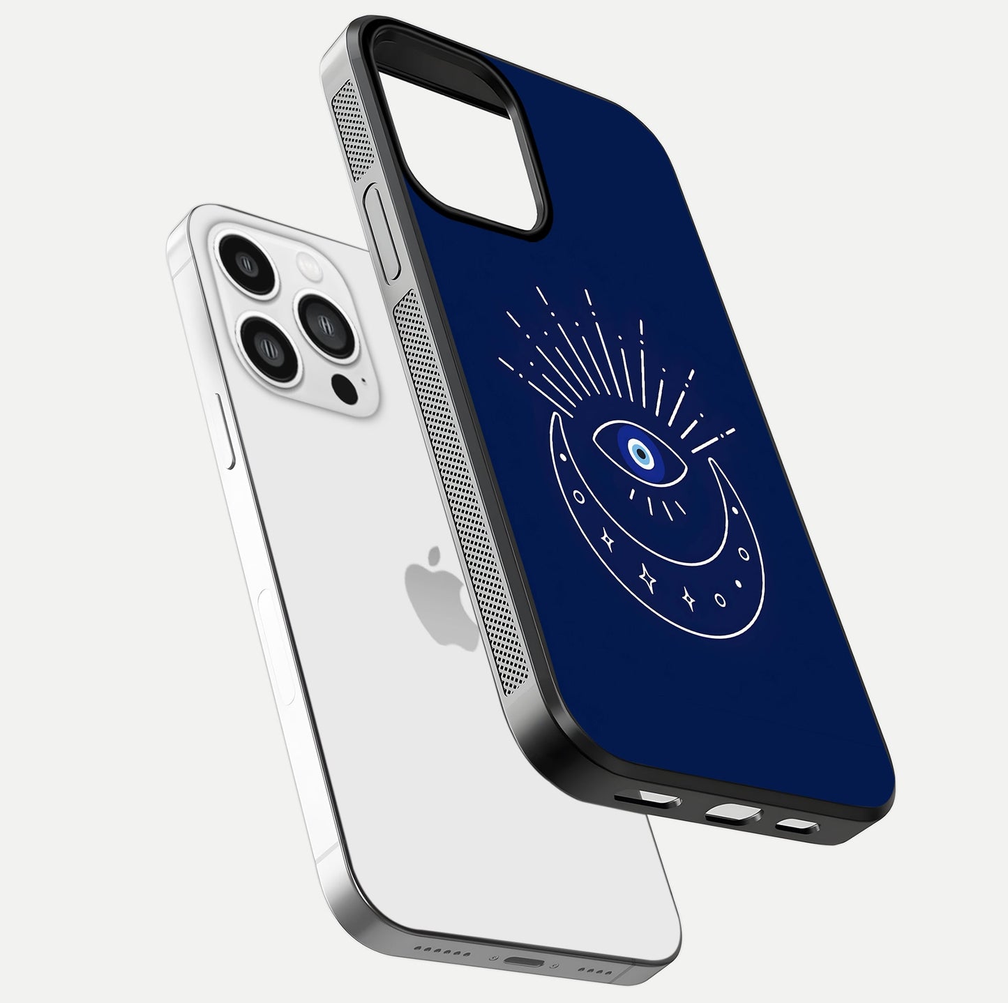 Blue Evil Eye Glass Case for iPhone 13 Pro Max floating mockup displaying glossy protection and spiritual artwork