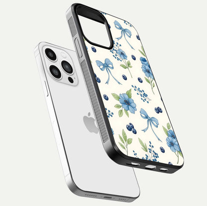 Blue Flower & Bow Glass Case for iPhone 13 Pro Max floating mockup capturing gloss reflection and girly aesthetic