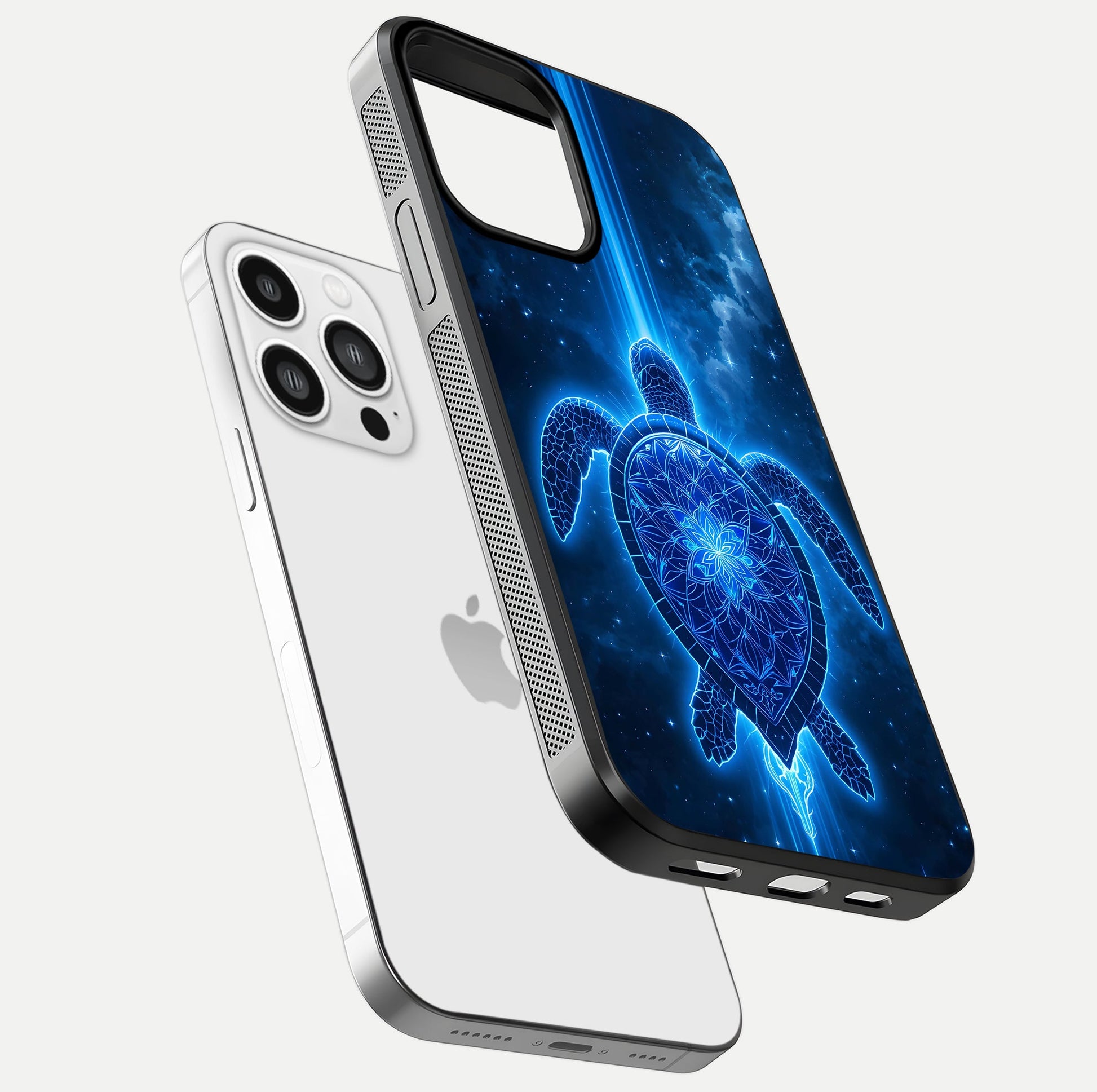 Blue Galaxy Turtle Glass Case for iPhone 13 Pro Max floating dual-mockup showing gloss depth and color transitions
