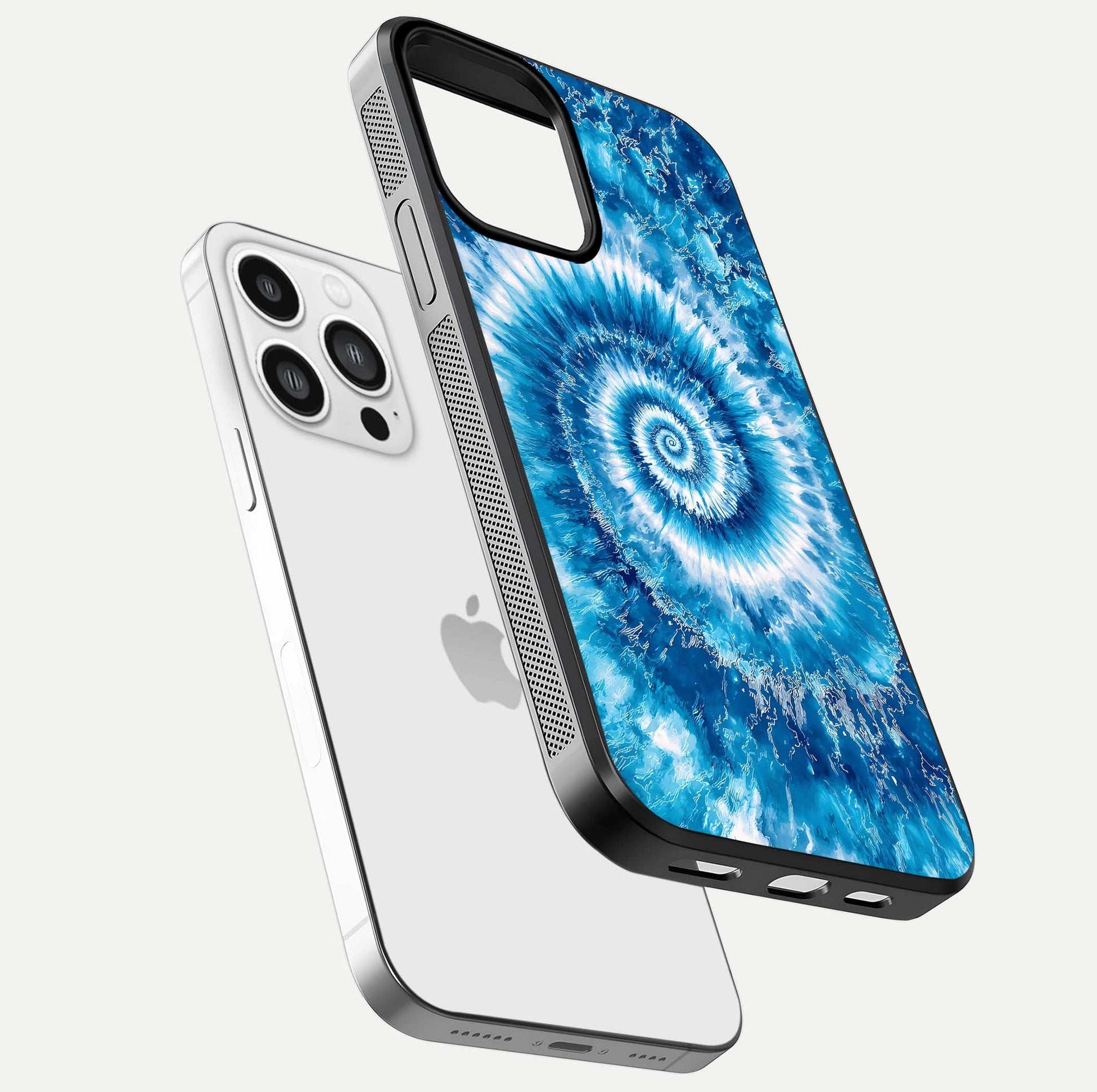 Blue Galaxy Wave Glass Case for iPhone 13 Pro Max floating mockup revealing cosmic depth and curved-edge texture