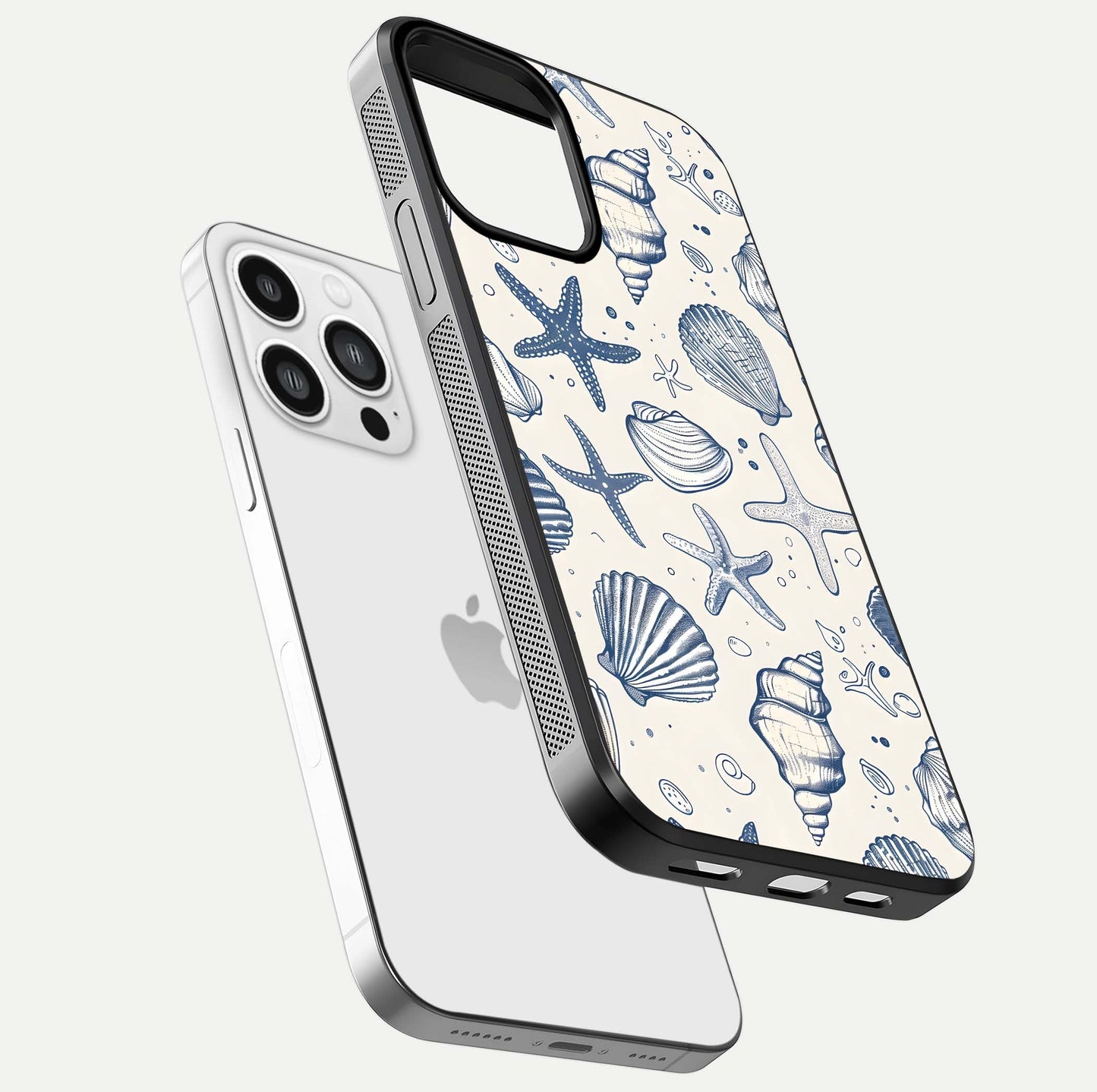 Blue Ocean Outline Glass Case for iPhone 13 Pro Max floating mockup displaying marine-inspired aesthetic and smooth surface