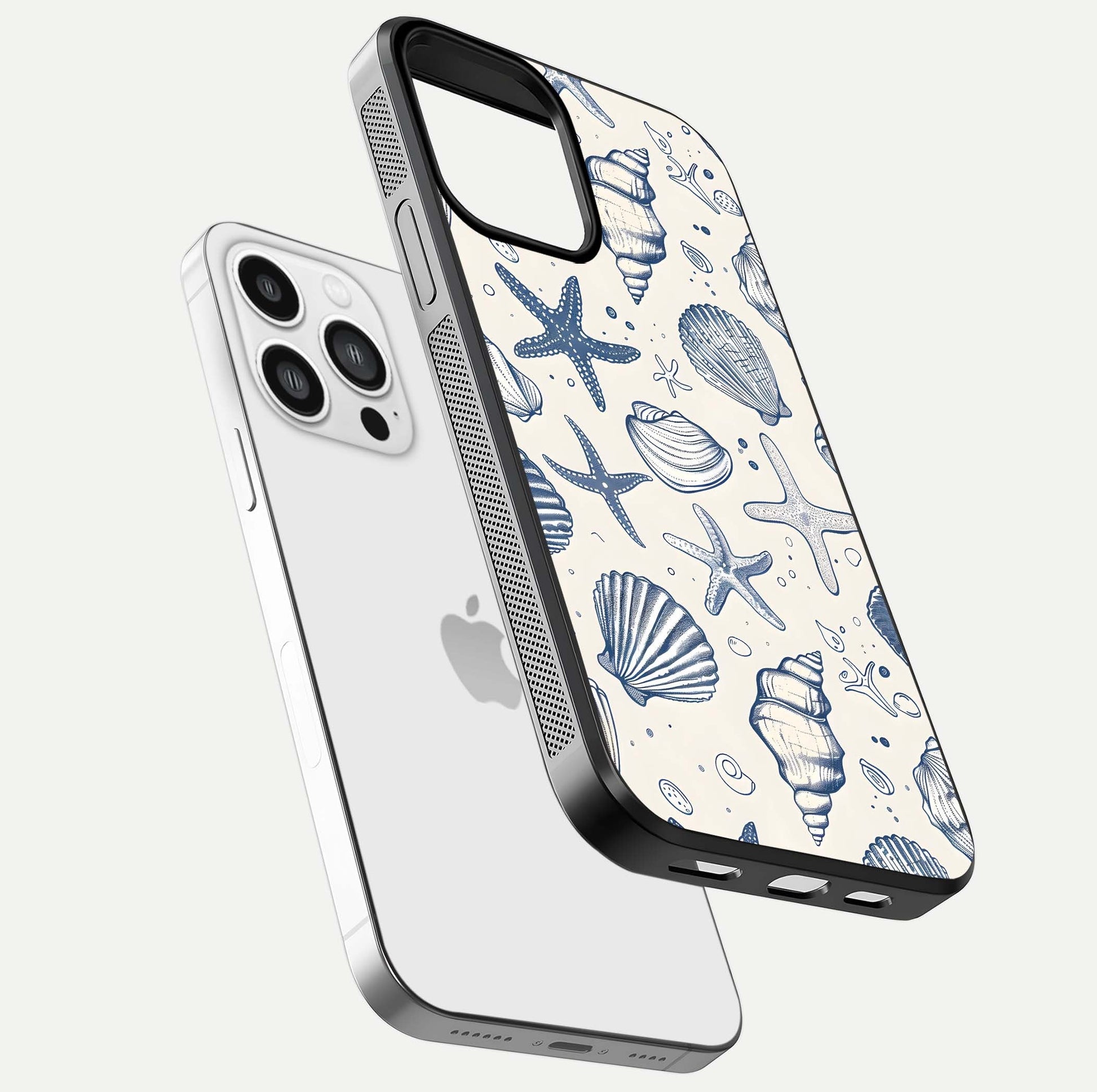 Blue Ocean Outline Glass Case for iPhone 13 Pro Max floating mockup displaying marine-inspired aesthetic and smooth surface