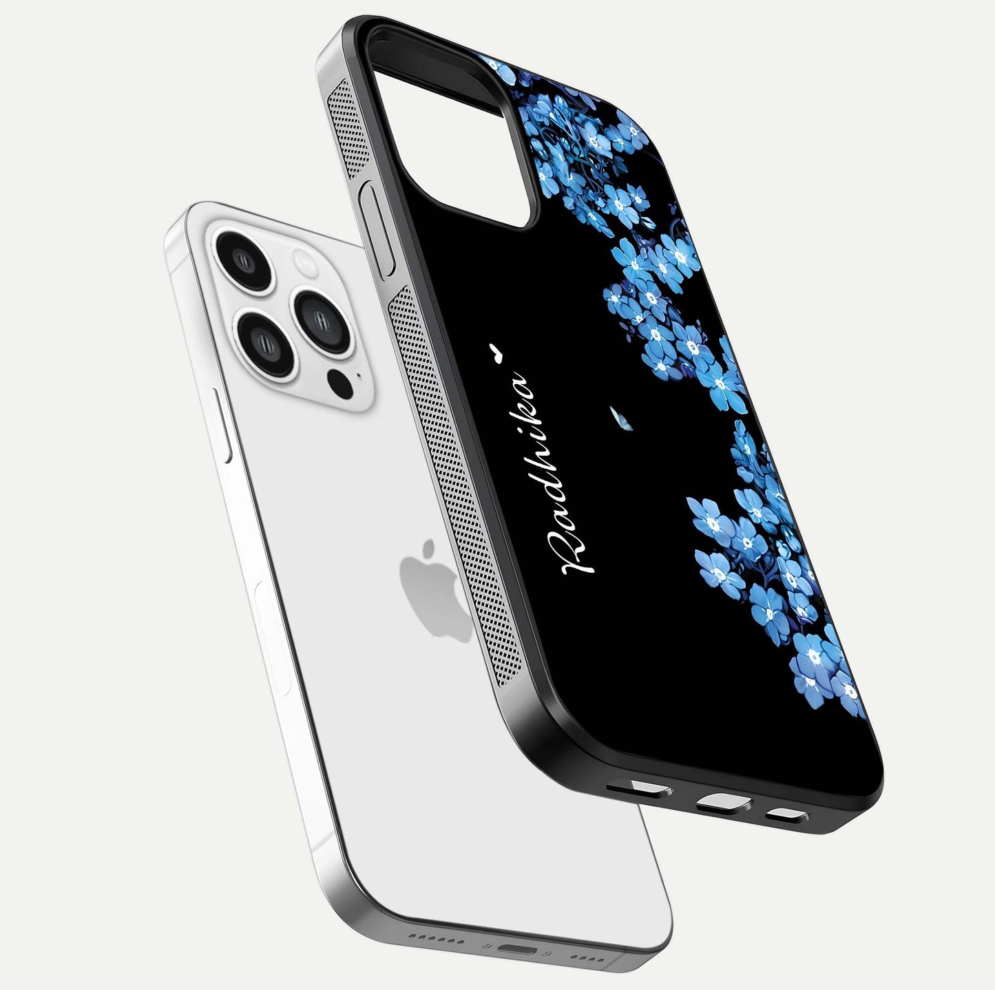 Blue Petal Dream Custom Name Glass Case for iPhone 13 Pro Max floating mockup capturing floral tones and glass shine