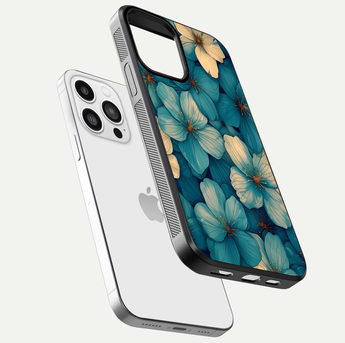 Blue Shade Floral Glass Case for iPhone 13 Pro Max floating mockup revealing gloss highlight and floral depth