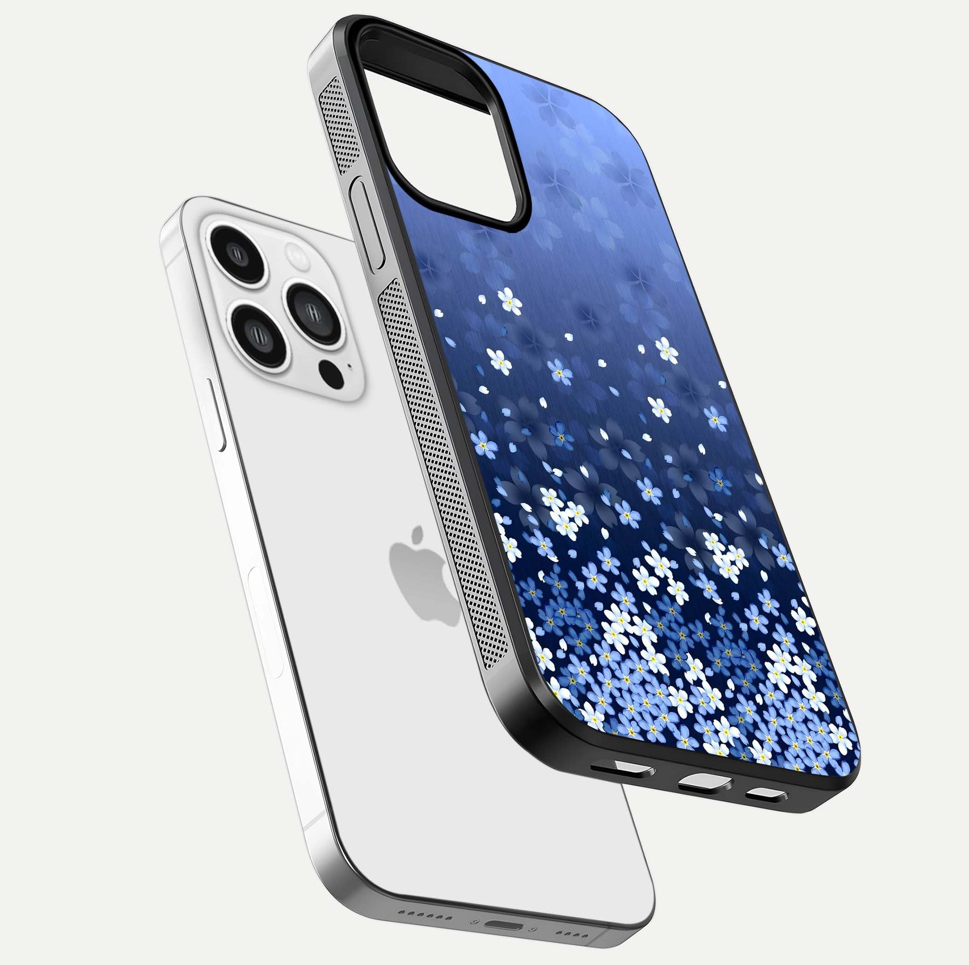 Blue Starry Glass Case for iPhone 13 Pro Max floating mockup capturing cosmic tone and HD gloss texture