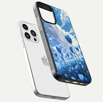 Blue Tulip Clouds Glass Case for iPhone 13 Pro Max floating mockup displaying tulip-cloud fusion art and smooth glass gloss