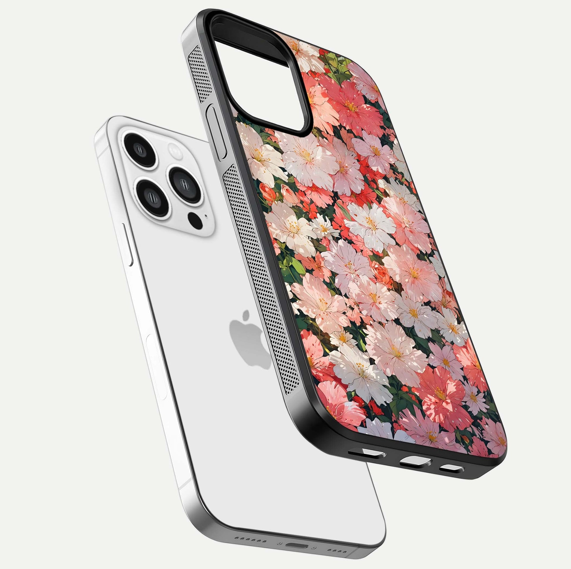 Blush Bloom Field Glass Case for iPhone 13 Pro Max floating mockup highlighting floral spread and edge reflection
