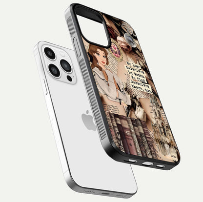Bookish Dream World Glass Case for iPhone 13 Pro Max floating mockup capturing gloss shine and artistic balance