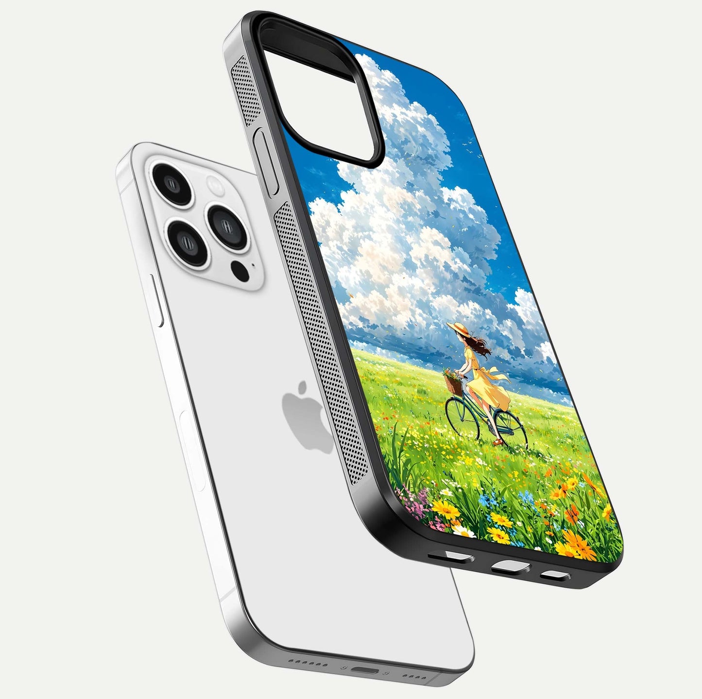 Breezy Meadow Ride Glass Case for iPhone 13 Pro Max floating mockup capturing serene tones and smooth finish