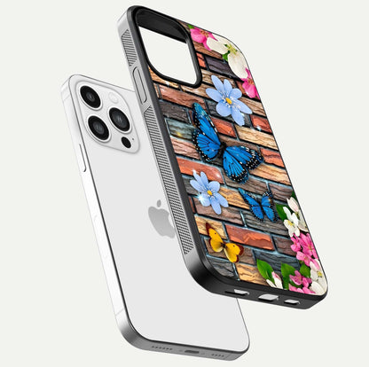 Brick Bloom Flight Glass Case for iPhone 13 Pro Max floating mockup displaying gloss reflection and pattern vibrancy