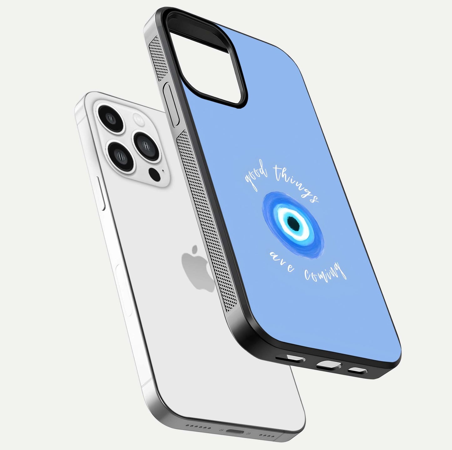 Bright Future Ahead Glass Case for iPhone 13 Pro Max floating mockup showing sleek design and positive quote print
