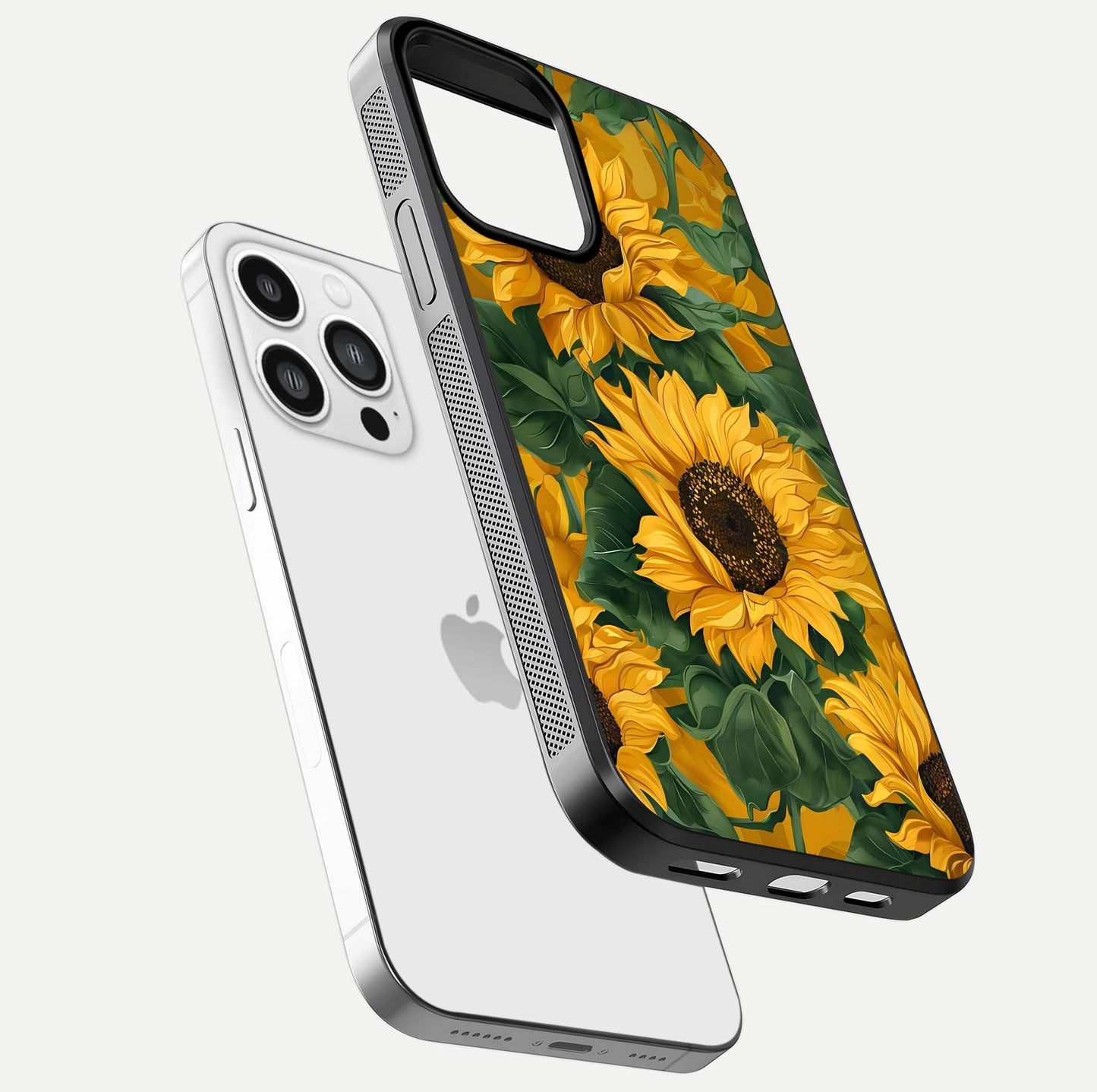 Bright Sunflower Bloom Glass Case for iPhone 13 Pro Max floating mockup capturing vibrant tones and gloss surface