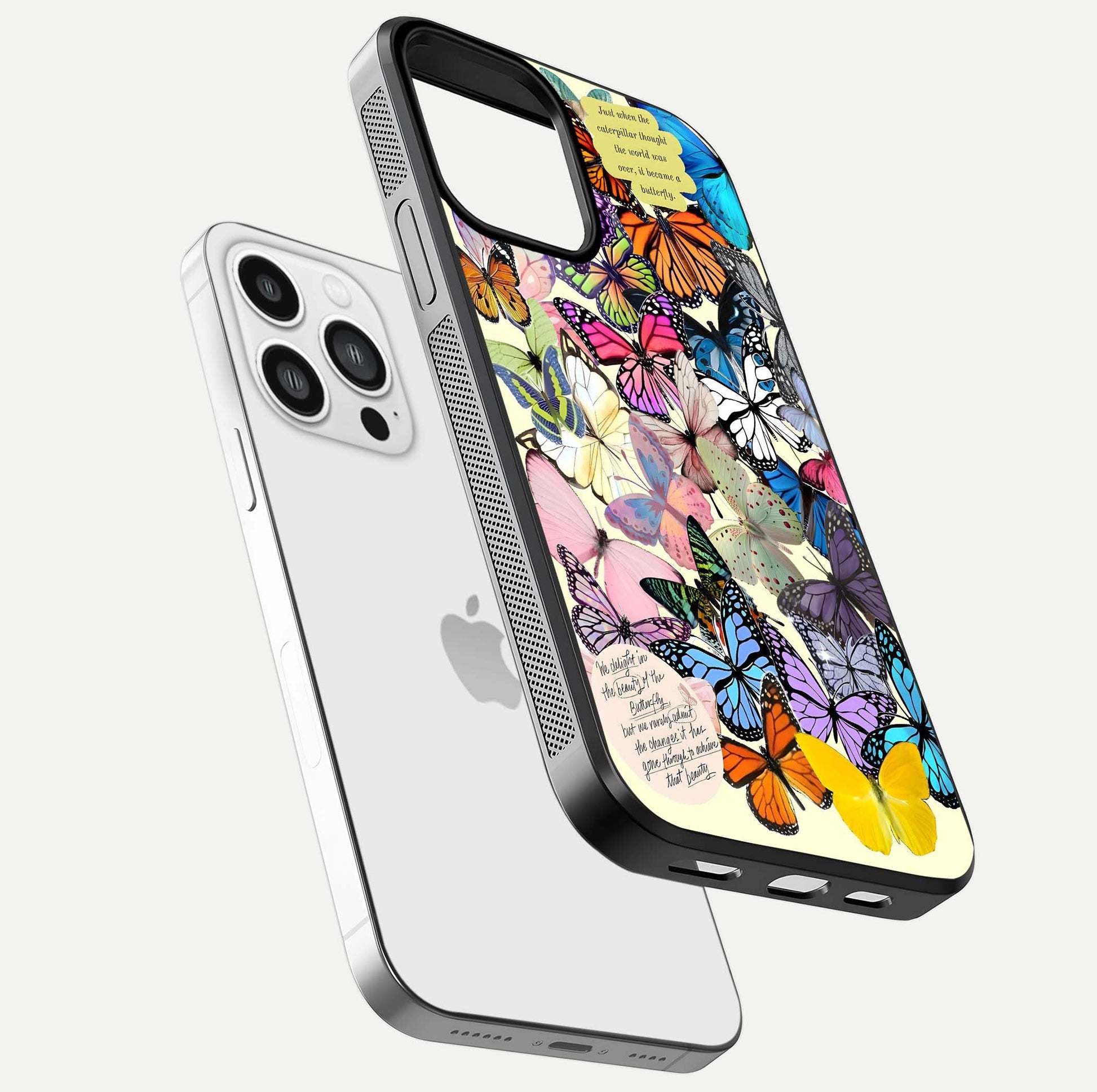 Butterflies Petal Dream Glass Case for iPhone 13 Pro Max floating mockup displaying detailed print and premium glass glow