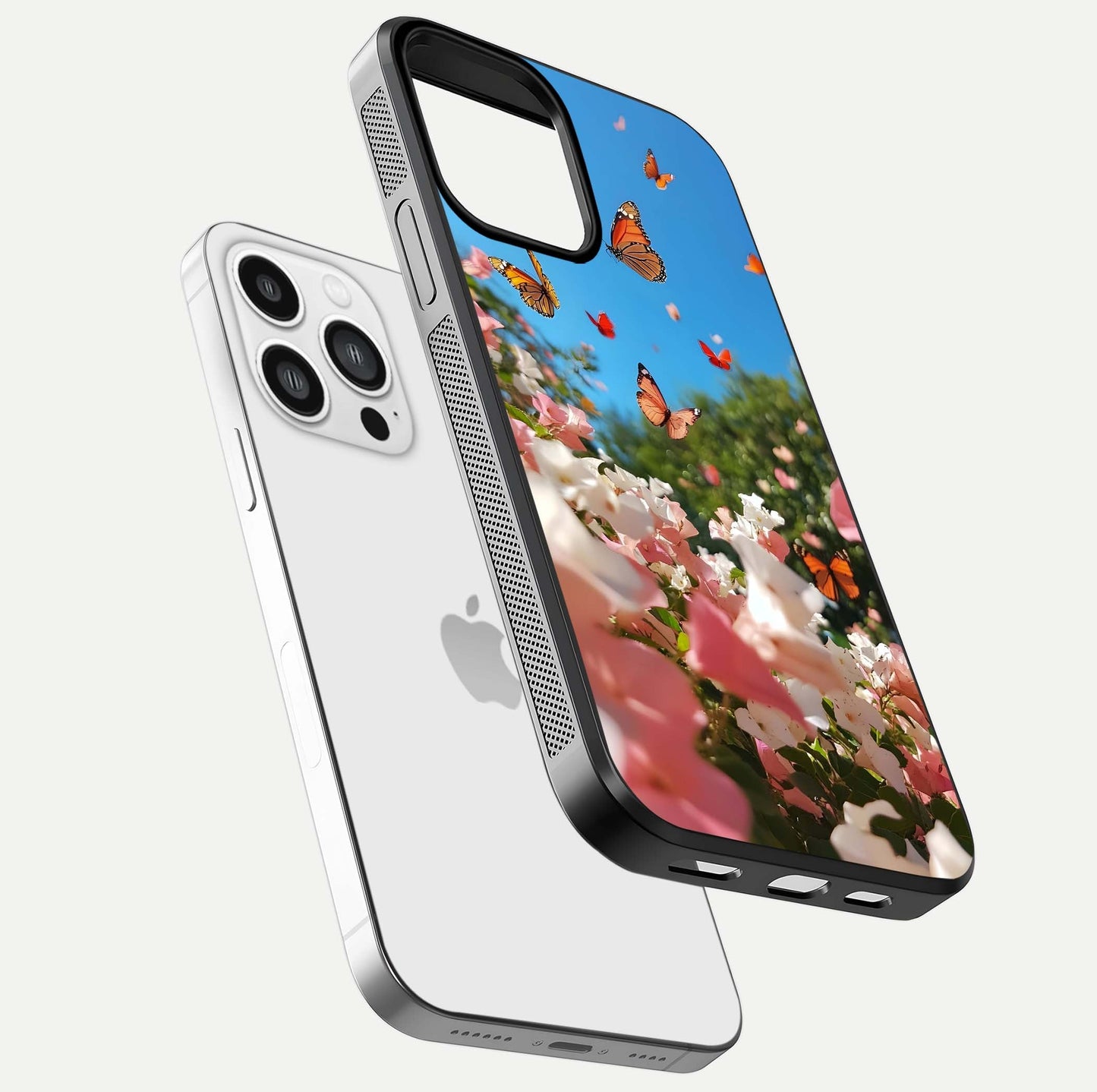 Butterflies in Bloom Sky Glass Case for iPhone 13 Pro Max floating mockup capturing butterfly motion and edge design