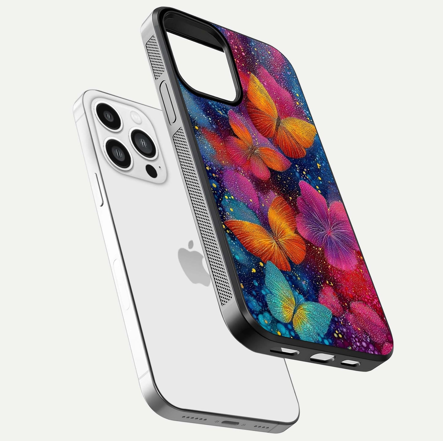 Butterfly Dream Mist Glass Case for iPhone 13 Pro Max floating mockup displaying glass shine and ethereal art depth