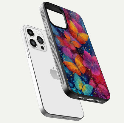 Butterfly Dream Mist Glass Case for iPhone 13 Pro Max floating mockup displaying glass shine and ethereal art depth