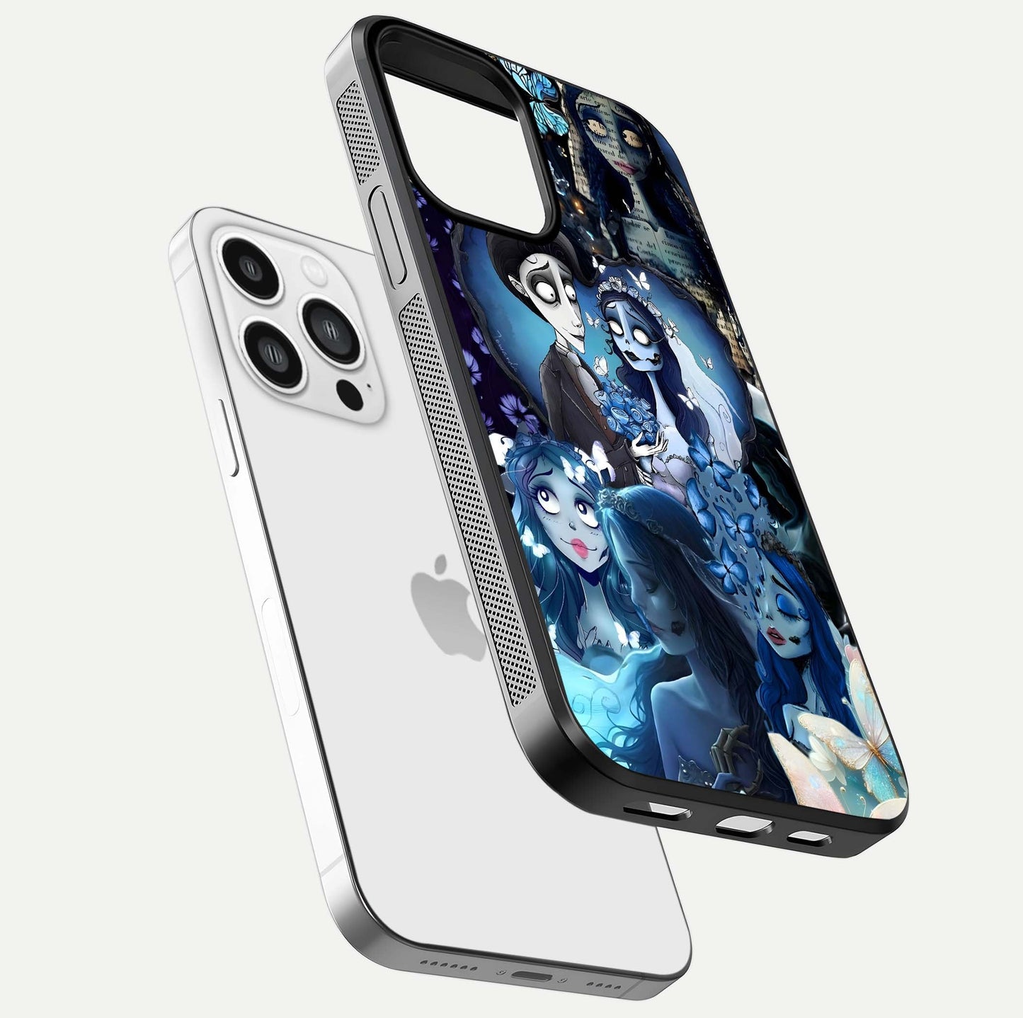 Butterfly Ghost Soul Glass Case for iPhone 13 Pro Max floating mockup showcasing spirit-like butterfly detail and gloss