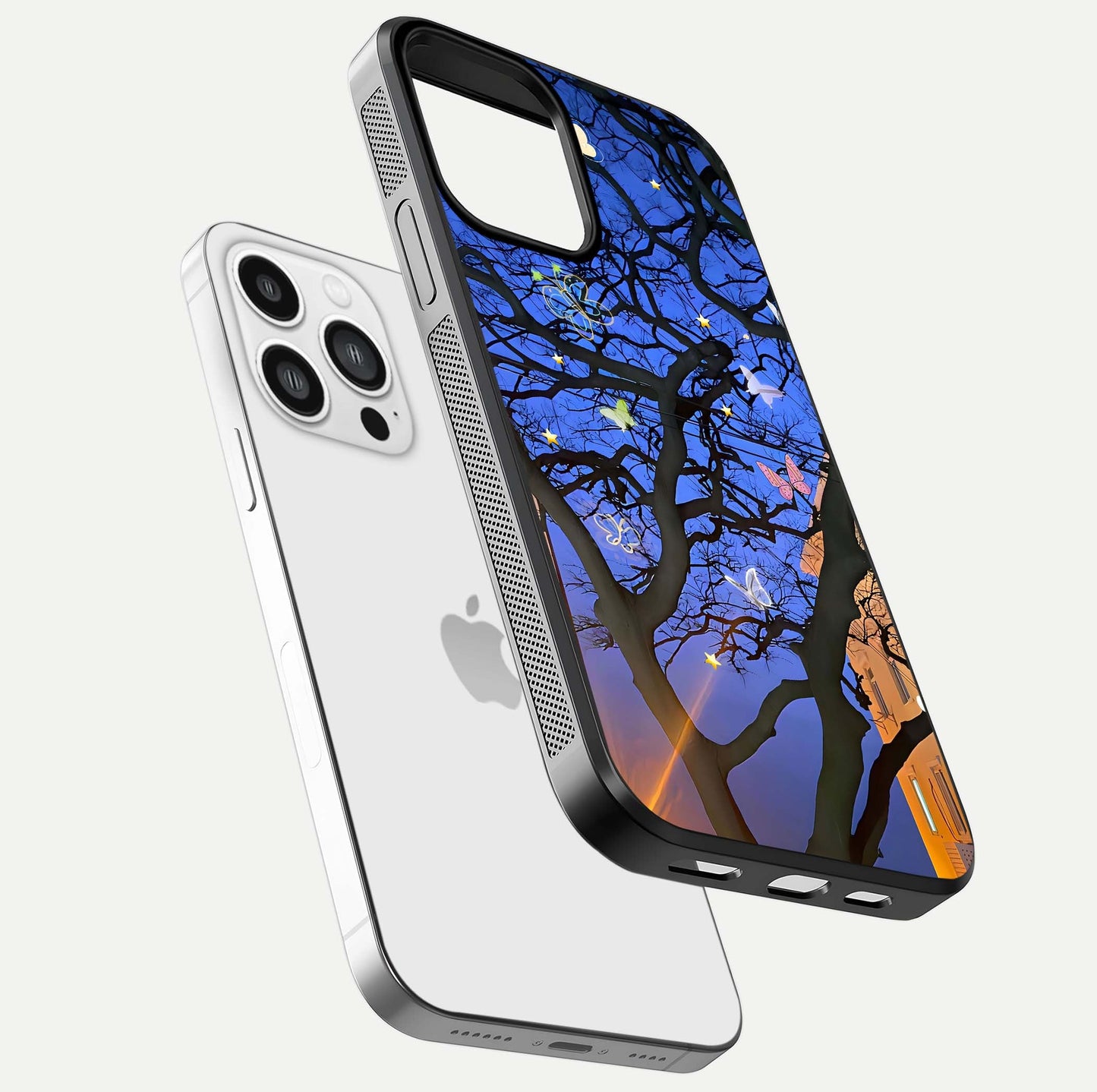 Butterfly Night Magic Glass Case for iPhone 13 Pro Max floating mockup showing night glow and smooth polish