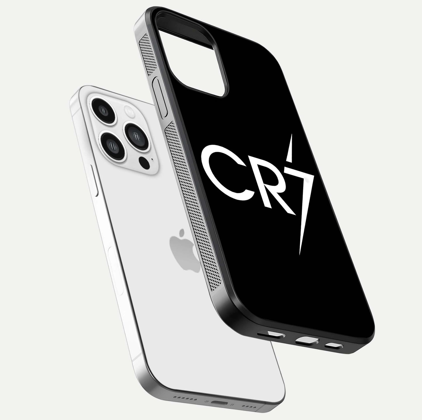 CR7 Elite Strike Glass Case for iPhone 13 Pro Max floating mockup displaying HD gloss and sporty texture