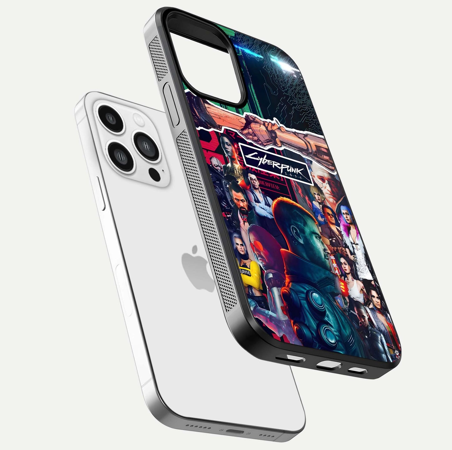 CYBERPUNK Legacy Glass Case for iPhone 13 Pro Max floating mockup showing HD gloss and neon glow detail