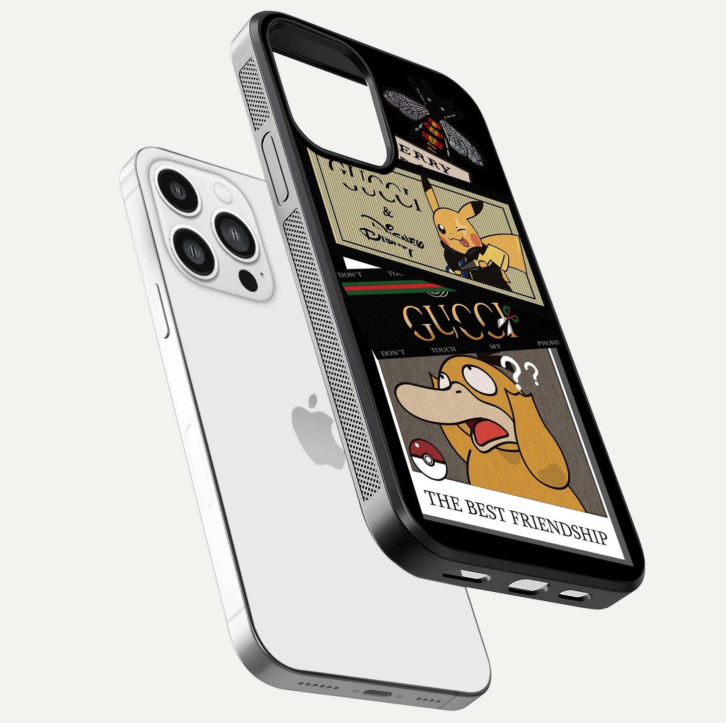 Cartoon Brand Play Mashup Glass Case for iPhone 13 Pro Max floating dual-view mockup showing gloss surface and vivid reflection
