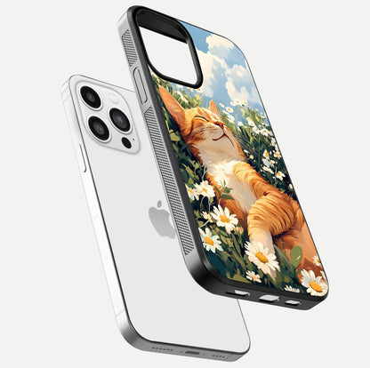 Cat & Flowers View Glass Case for iPhone 13 Pro Max floating mockup showing design reflection and protective edges