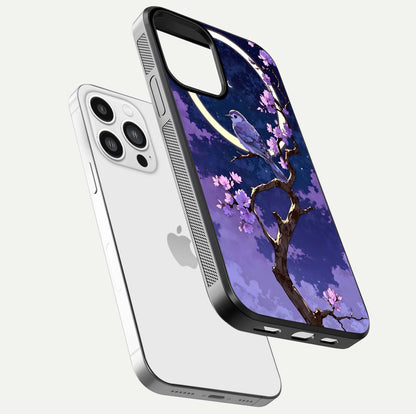 Celestial Bird Blossom Glass Case for iPhone 13 Pro Max floating mockup showing cosmic floral tones and HD gloss