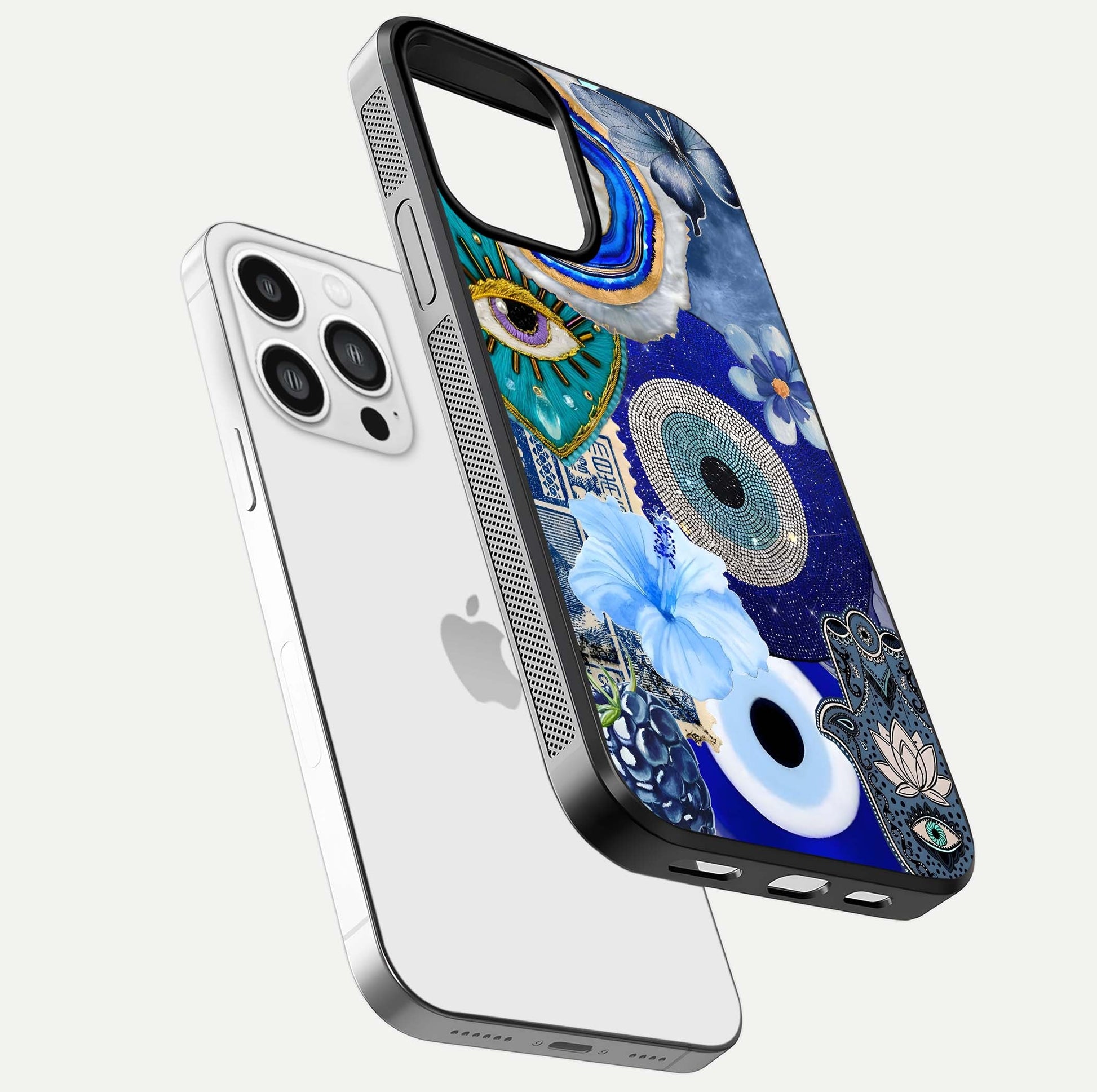 Celestial Blue Vision Glass Case for iPhone 13 Pro Max floating mockup showing gloss depth and night-sky pattern