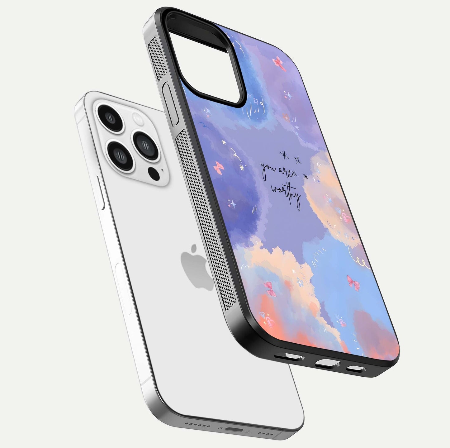 Celestial Cloud Magic Glass Case for iPhone 13 Pro Max floating mockup displaying cloud aura and HD finish